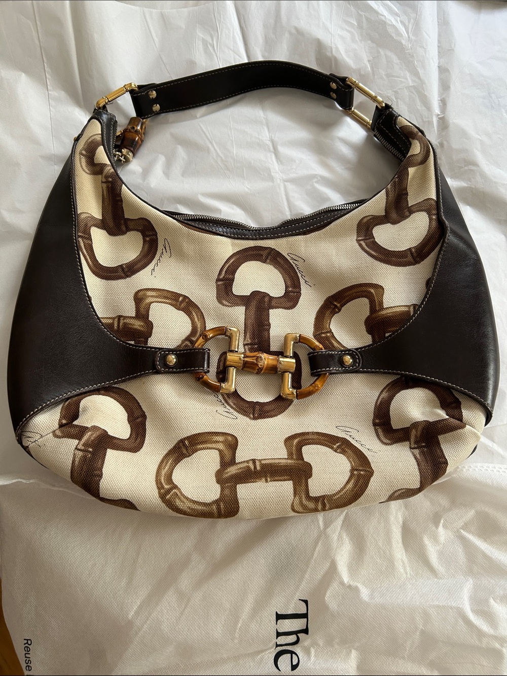 Gucci Brown and Cream Horsebit Canvas Shoulder Bag with Bamboo Accent